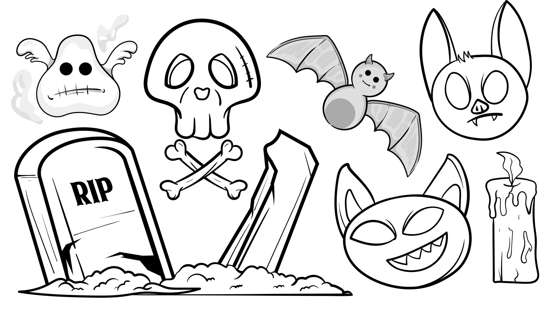 set of Halloween doodle black and white Halloween elements. Traditional