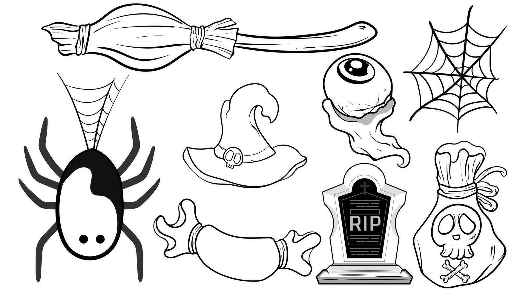 conjunto de Víspera de Todos los Santos garabatear negro y blanco Víspera de Todos los Santos elementos. tradicional samhain fiesta clipart. de miedo colección con jack-o-lantern, araña, fantasma, cráneo, murciélagos, bruja, vampiro vector