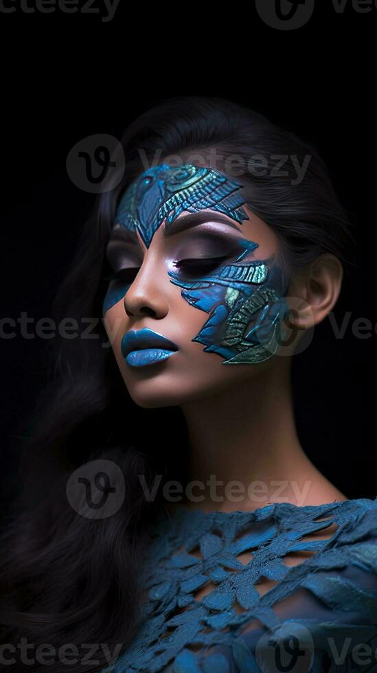 a woman with blue makeup and feathers painted on her face body AI Generative photo