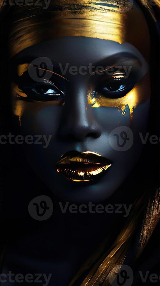 a woman with gold makeup and eyeshades on her face photo