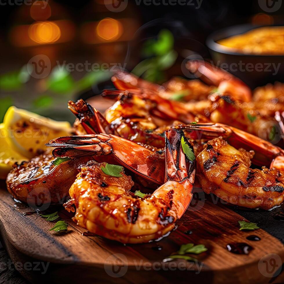 a wooden cutting board topped with shrimp and lemon wedges photo