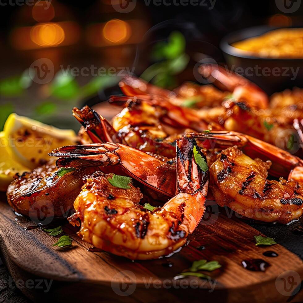 a wooden cutting board topped with shrimp and lemon wedges AI Generative photo