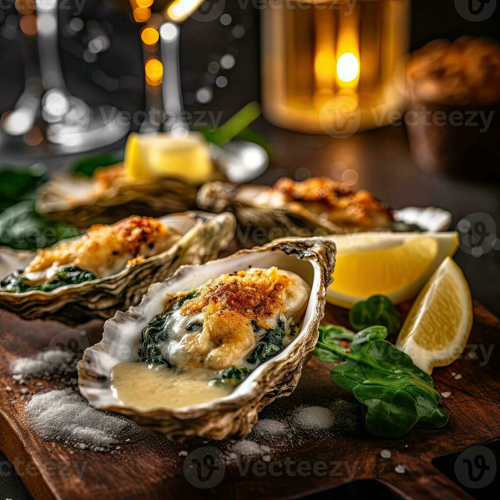 a wooden cutting board topped with oysters and lemon wedges AI Generative photo