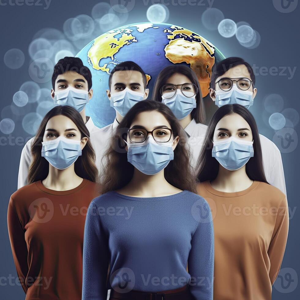 a group of people wearing face masks with the earth in the background photo