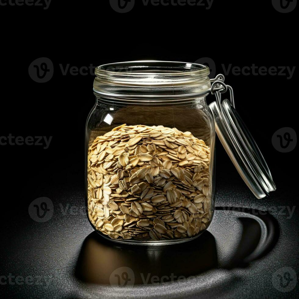 a jar of oats with lid on black surface AI Generative photo