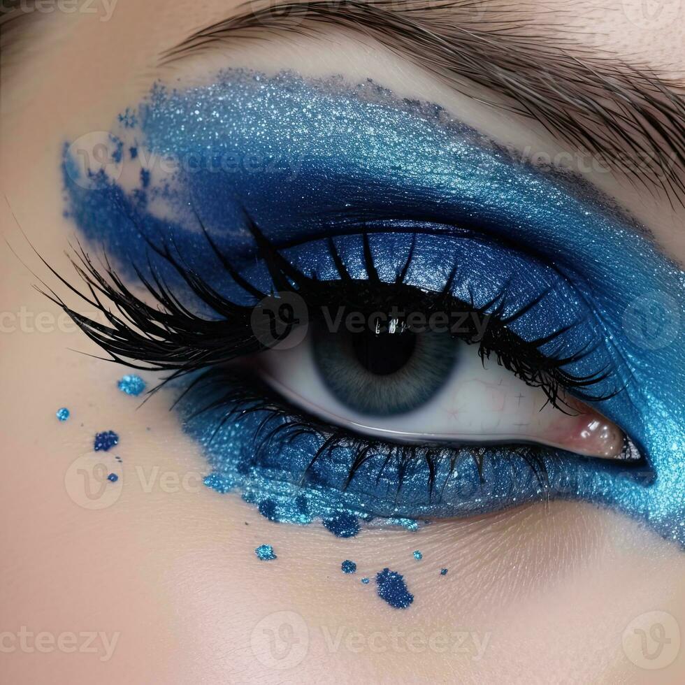 un mujer ojo con azul maquillaje y brilla ai generativo foto