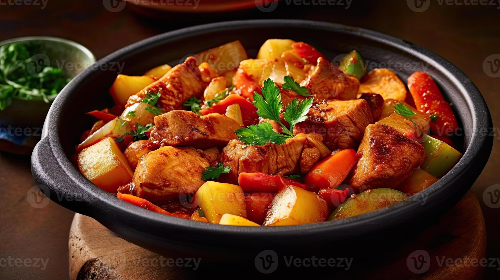 a bowl of food with meat and vegetables on table photo