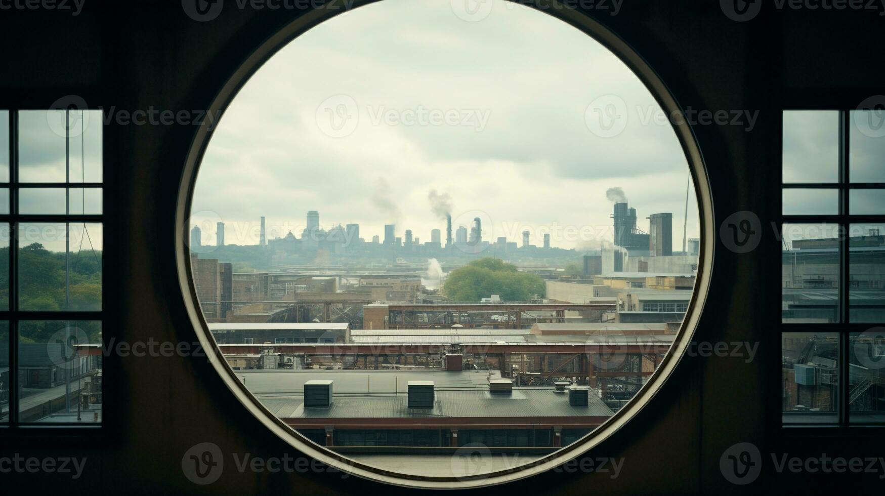 con vista a un bullicioso fabricación planta mediante un circular ventana ai generativo foto