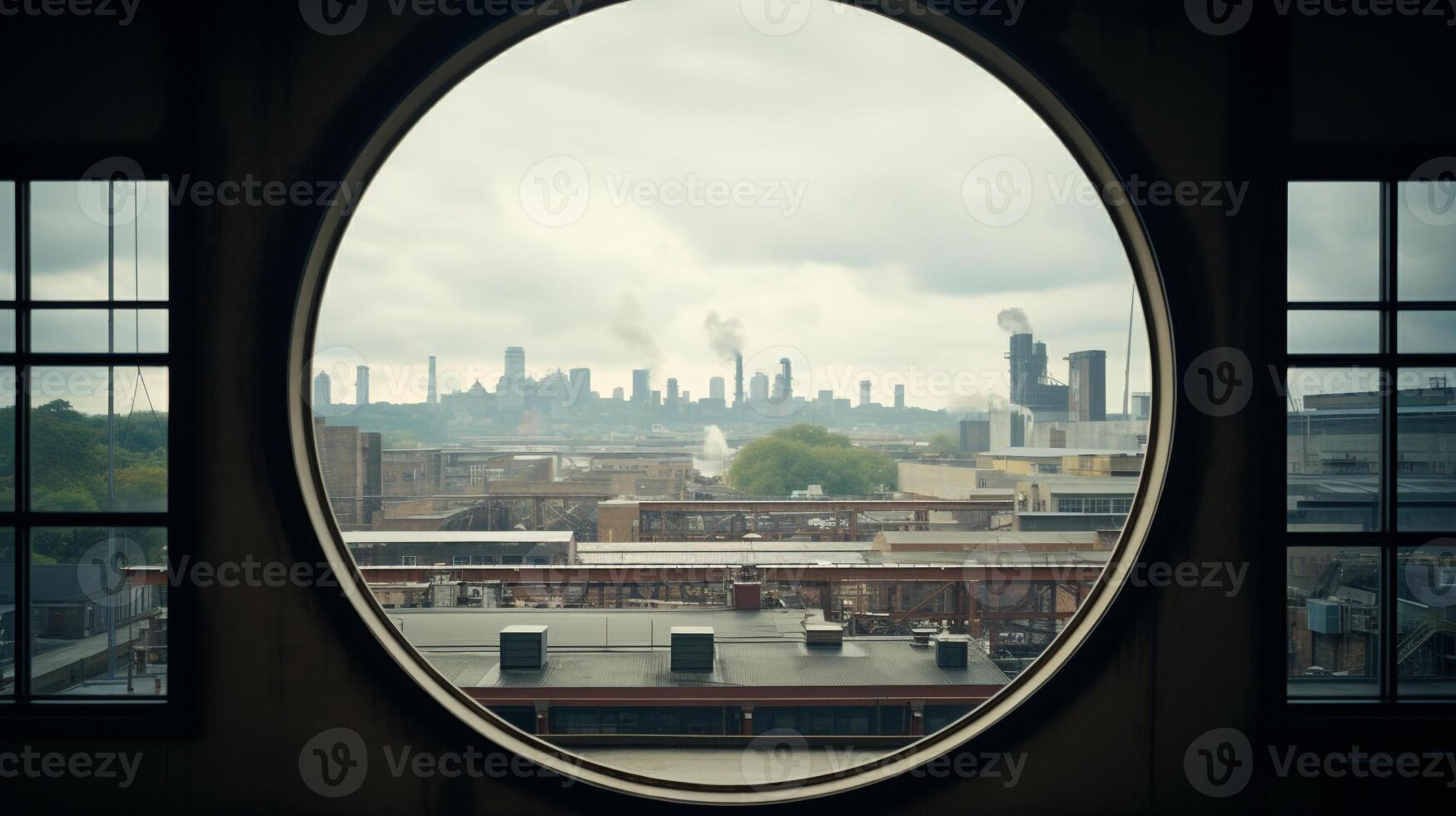 Overlooking a bustling manufacturing plant through a circular window photo