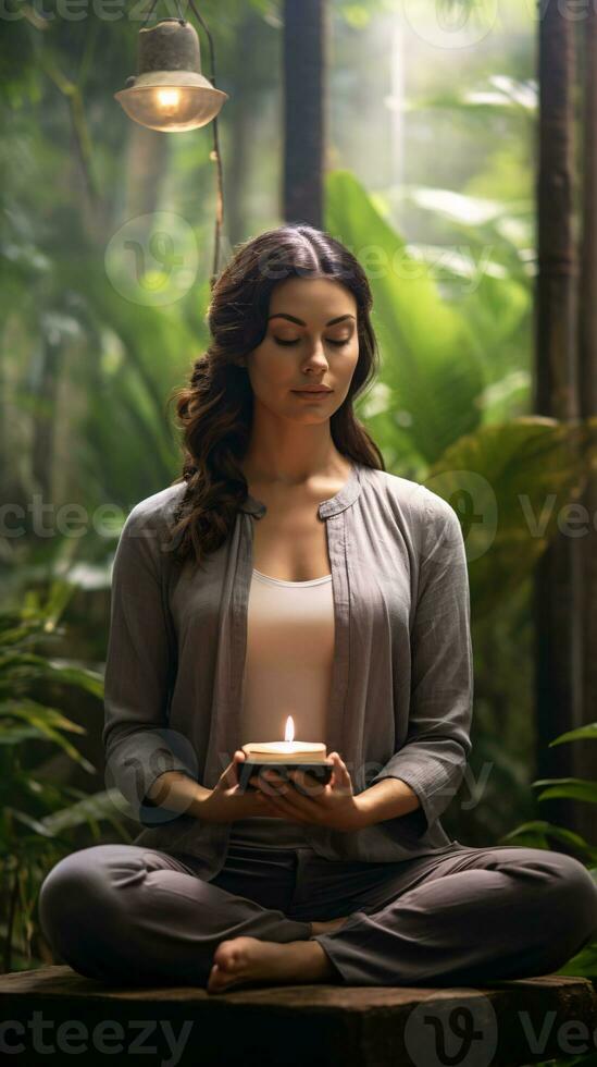 Serene Individual Embracing Mindfulness Surrounded by Lush Greenery and Symbols of Self-Care AI Generative photo