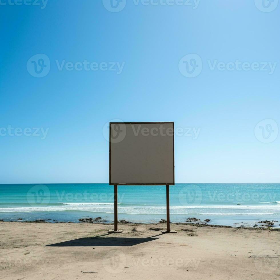 sorprendentes imagen de un blanco cartelera marco en un solitario playa, interminable publicidad posibilidades ai generativo foto