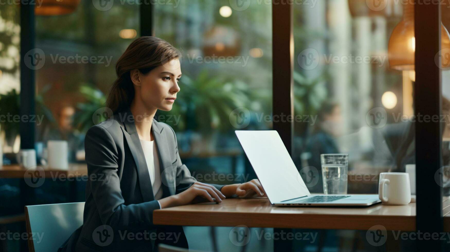 Businesswoman in formal attire working at a cafe with large glass-window copyspace for branding opportunities AI Generative photo