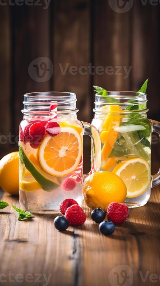 Trendy Assortment of Detox Fruit Water in Vibrant Mason Jars on a Rustic Wooden Tabletop AI Generative photo