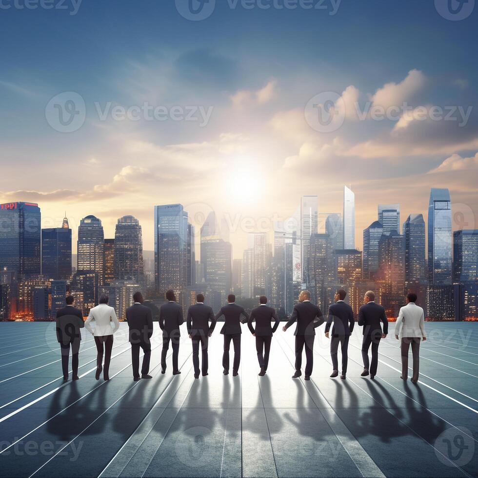 Business professionals on the start line of a running track against a cityscape photo