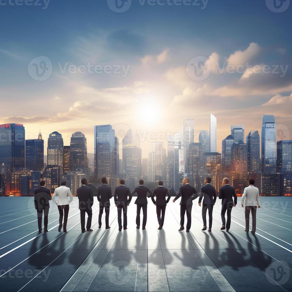 Business professionals on the start line of a running track against a cityscape AI Generative photo