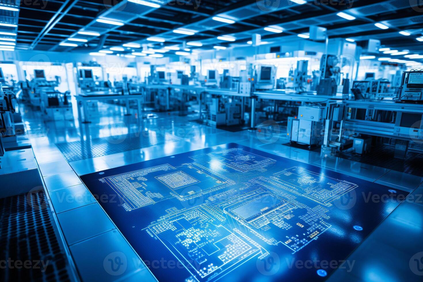 Clean-room environment in a microchip production under blue light photo