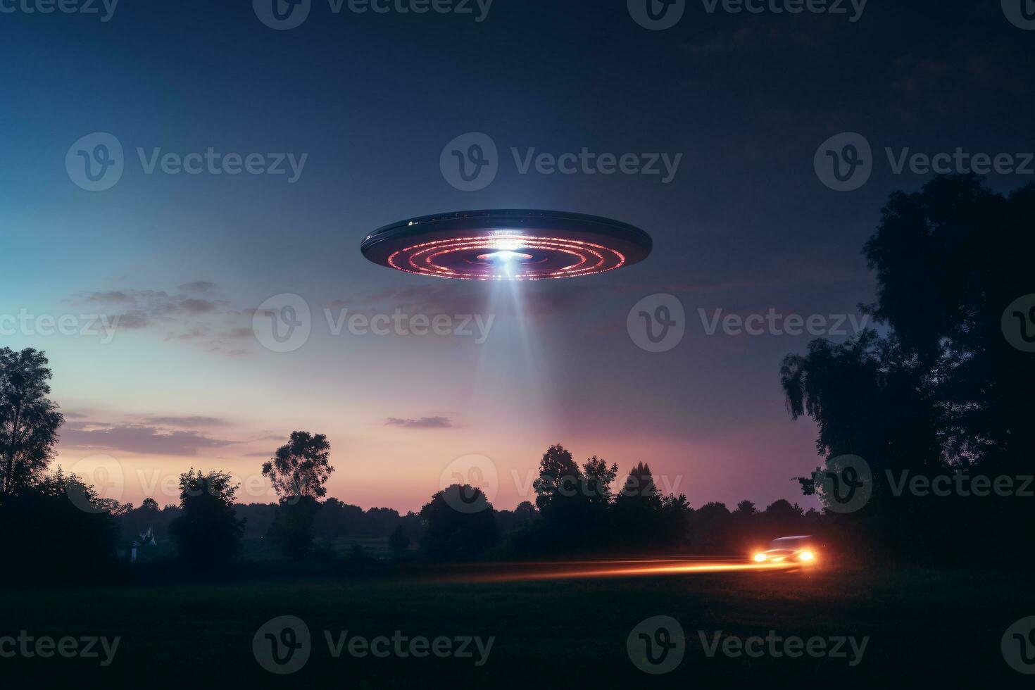 Mysterious UFO sighting in the twilight sky emitting an iridescent glow and mesmerizing light patterns AI Generative photo