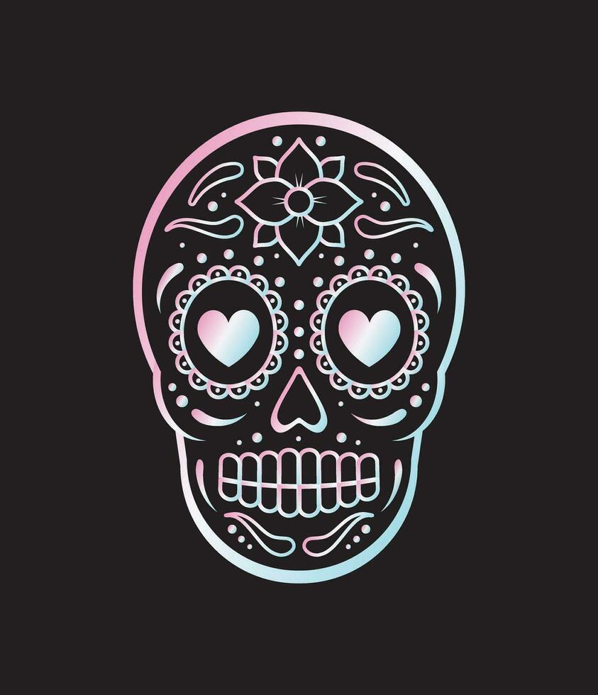 Vector holographic Mexican sugar skull and flowers