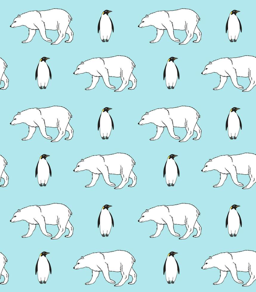 Seamless pattern of hand drawn penguin and bear vector