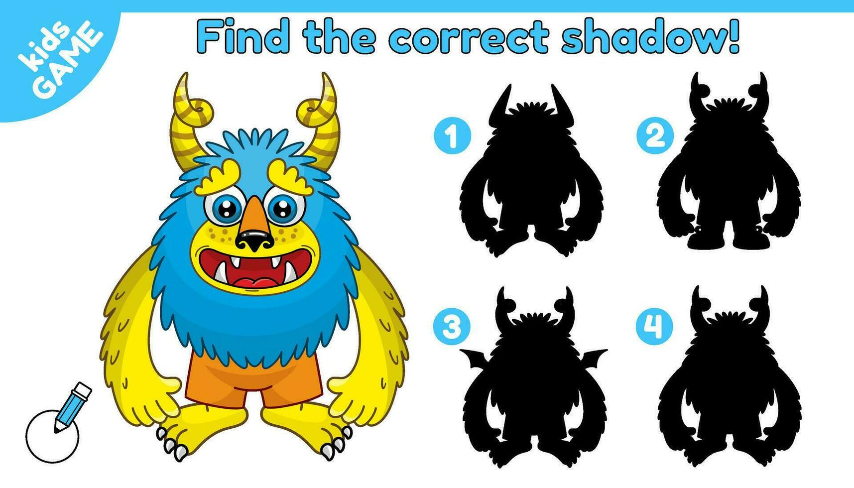 Find the correct shadow. Kids game with cartoon monster. Educational puzzle for preschool and kindergarten children. Task for searching correct silhouette of funny mutant. Vector illustration.