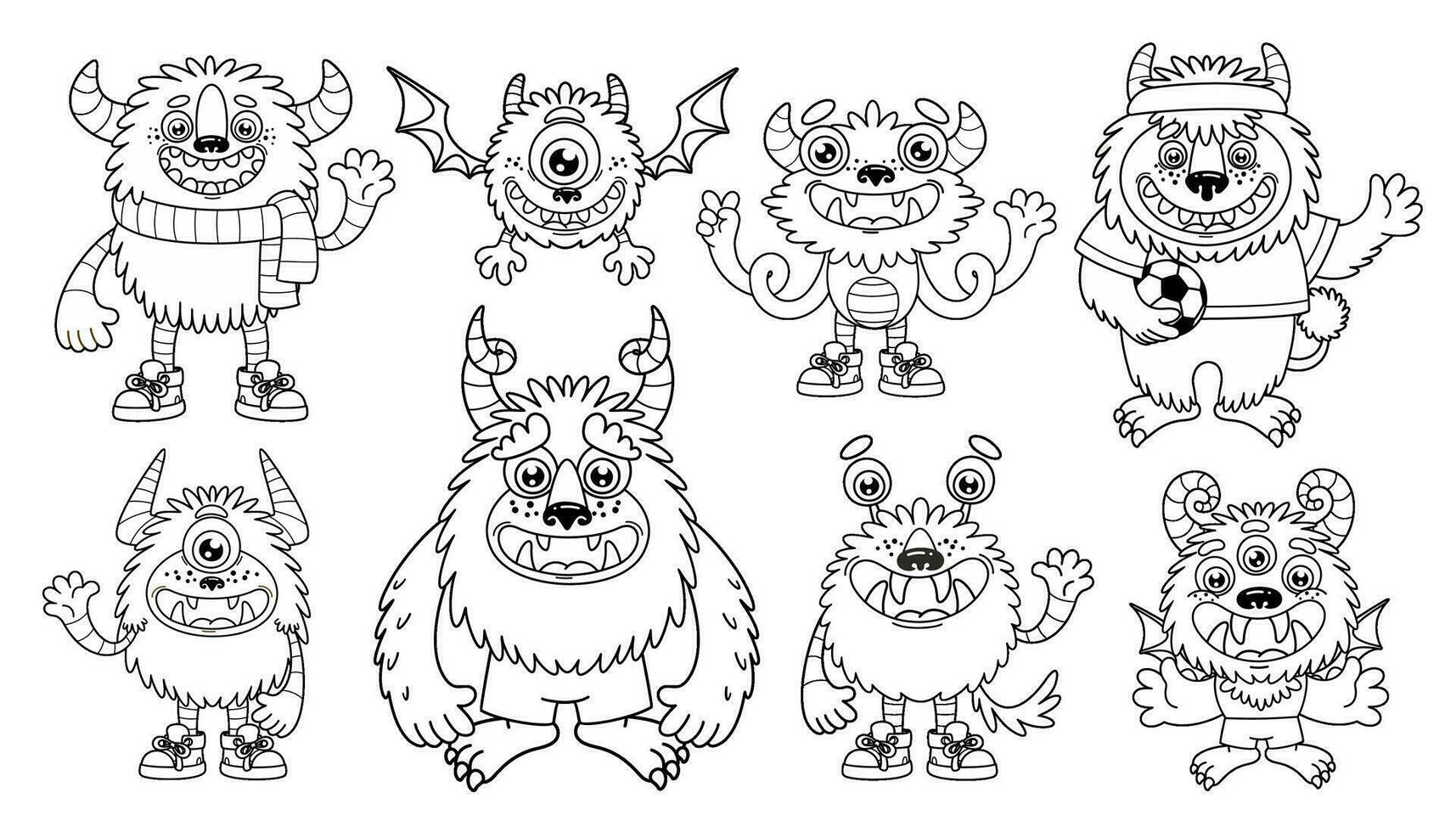 Contour of cartoon monsters. Outline vector illustrations funny mutants perfect for kids coloring page and Halloween themed design. Black and white set in childish style Isolated on white background.