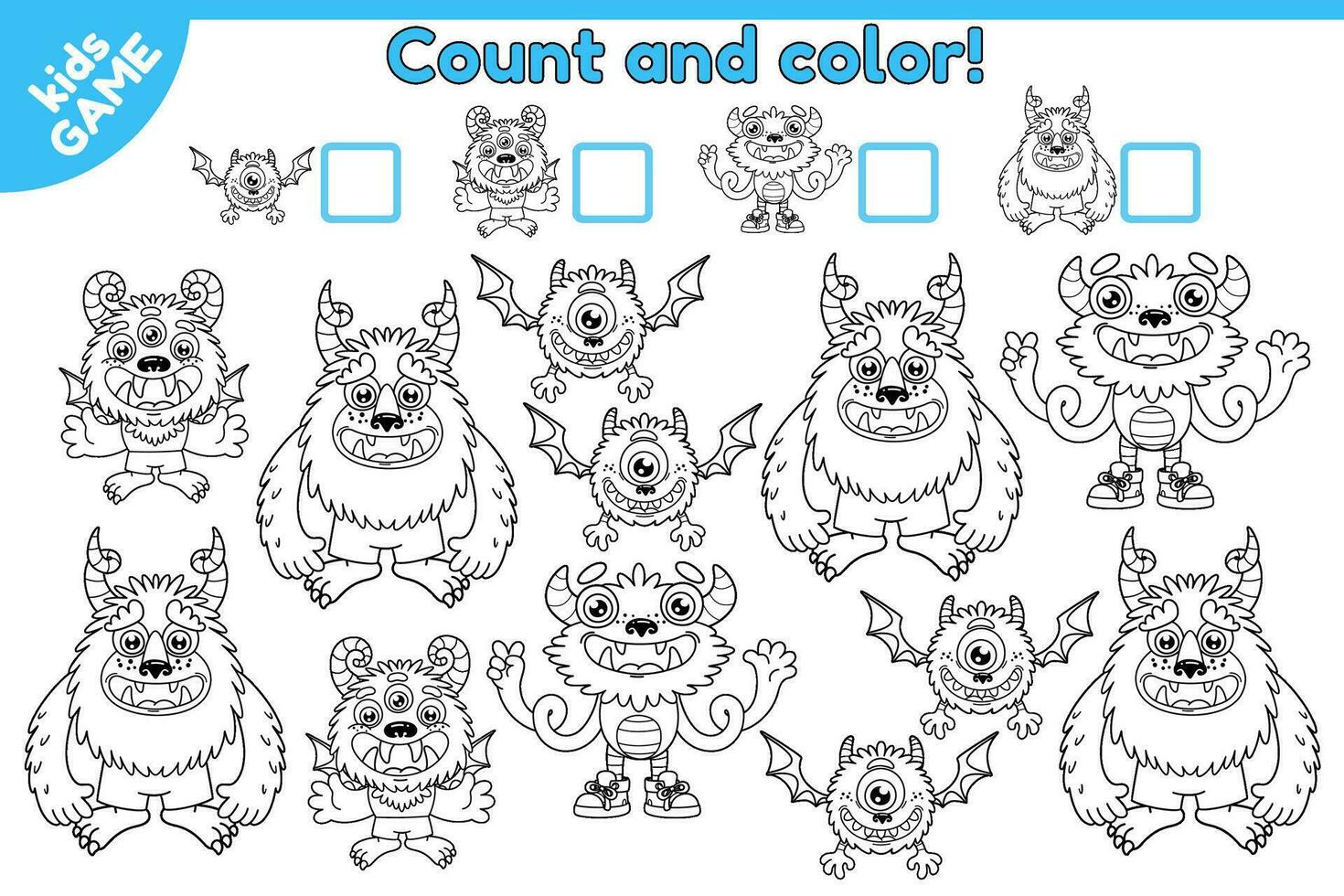 Counting game for kids. Math game. How many cartoon monsters. Count funny mutants and write number. Educational worksheet for preschool and school children. Vector outline. Perfect for coloring book.