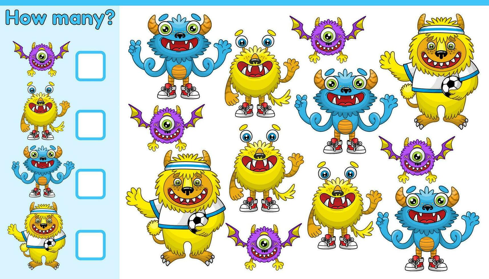 Educational math kids game. Count how many cartoon monsters and write the number. Counting worksheet for preschool and school education. Page of activity book for children. Vector illustration.