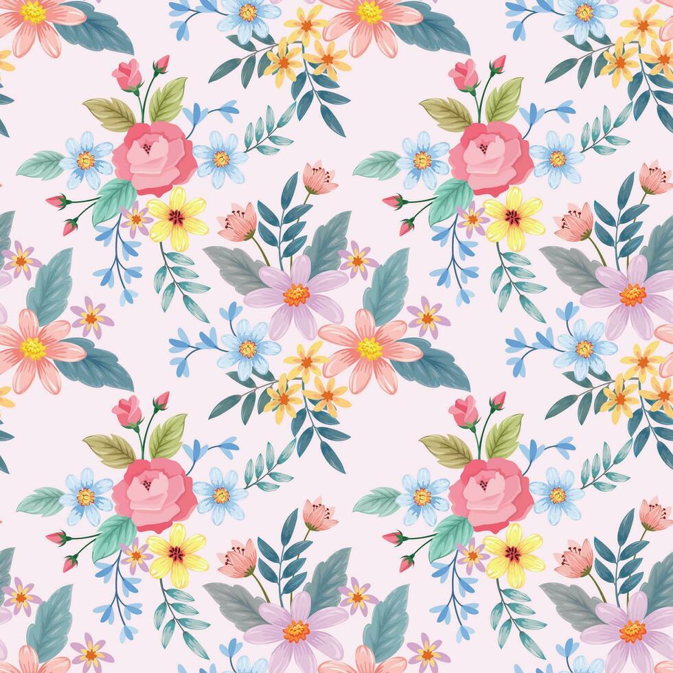 Colorful hand draw flowers seamless pattern. vector