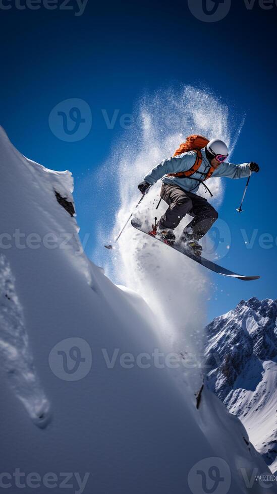 The Snowy Launch - A Skier's Leap of Adrenaline and Adventure AI Generative photo