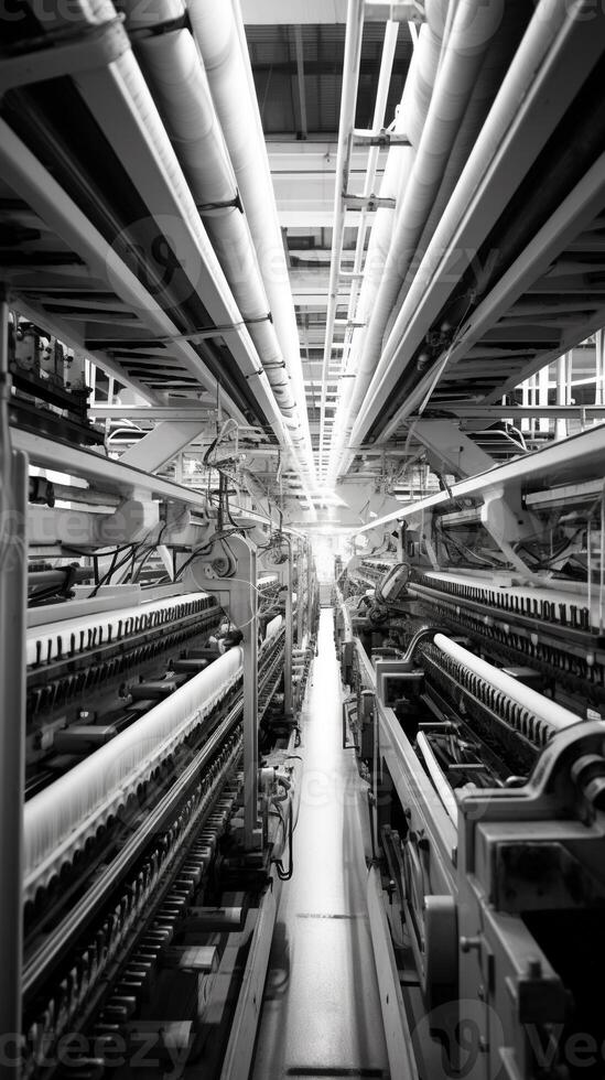 Modern textile factory with automated looms weaving patterns photo