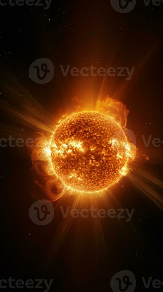 Hyper-realistic image of the sun's surface showcasing the raw power of erupting solar flares AI Generative photo