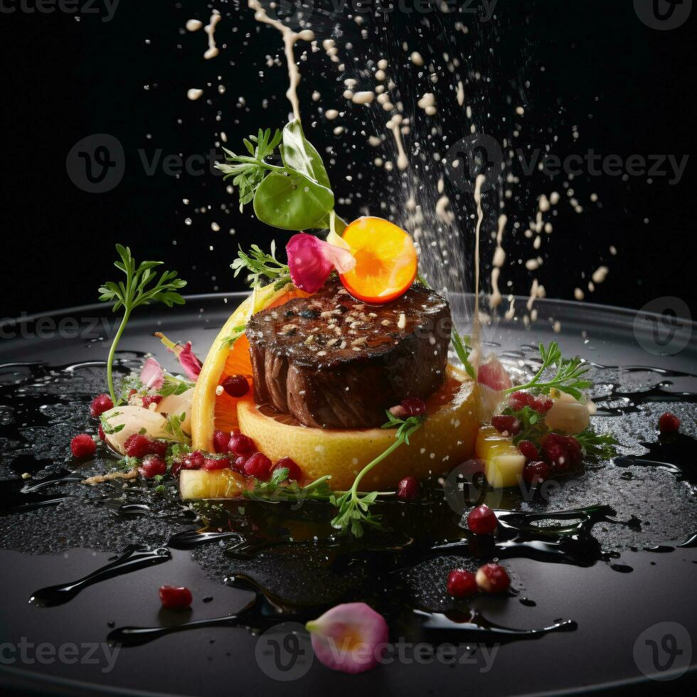 A Delectable Portrayal of Gourmet Artistry Paired with the Finest Beverage for Food Enthusiasts AI Generative photo