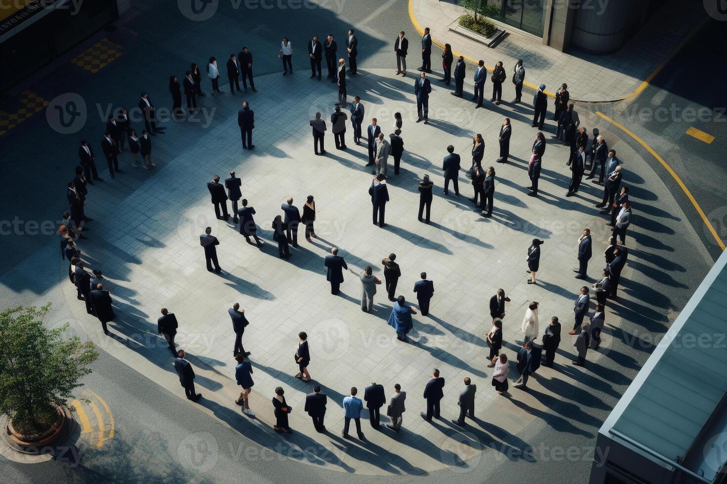 Bird's eye view of business professionals forming a circle in a city intersection AI Generative photo