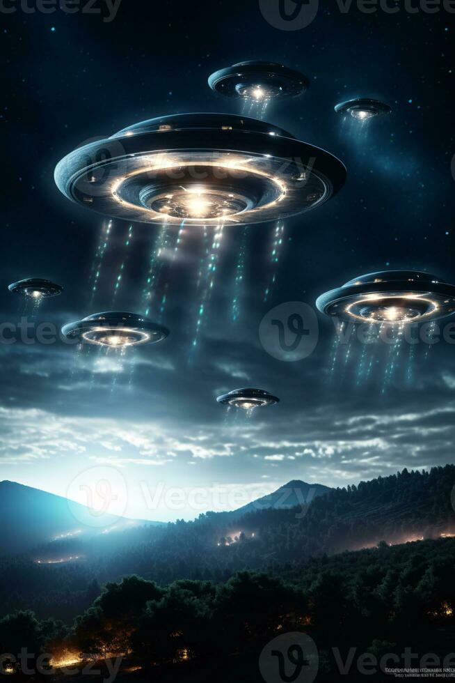 Dramatic depiction of a UFO fleet in the night sky signaling a possible alien encounter AI Generative photo