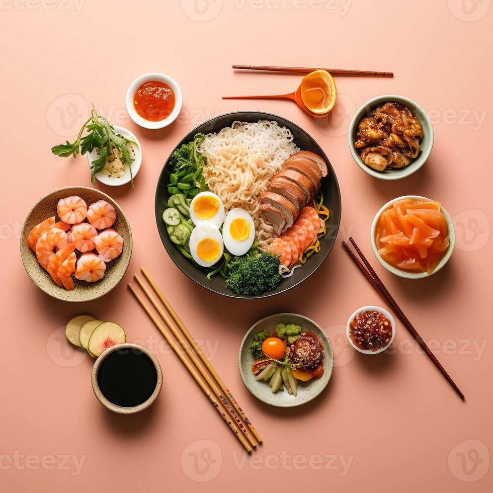 Top view of a simple Asian meal ramen dumplings and sushi illustrating diverse flavors photo