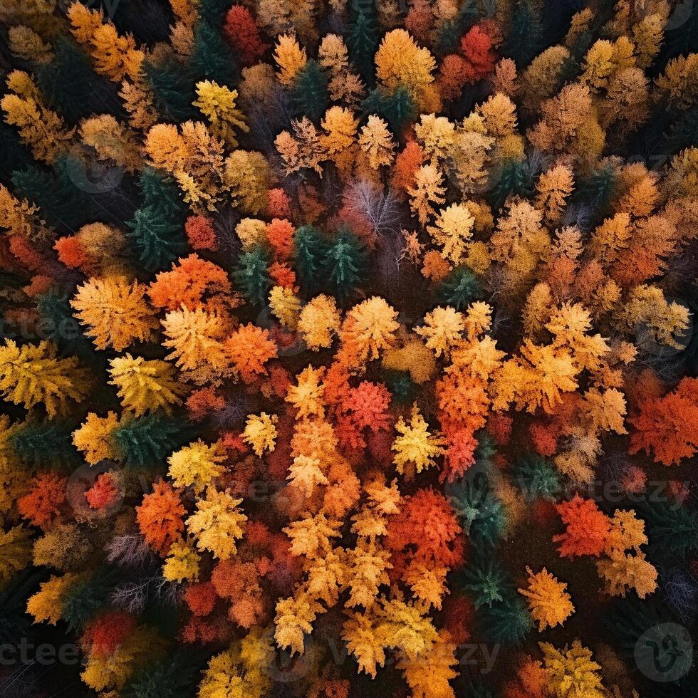 Aerial view of an enchanting autumn forest with vibrant hues of orange, red, and gold photo