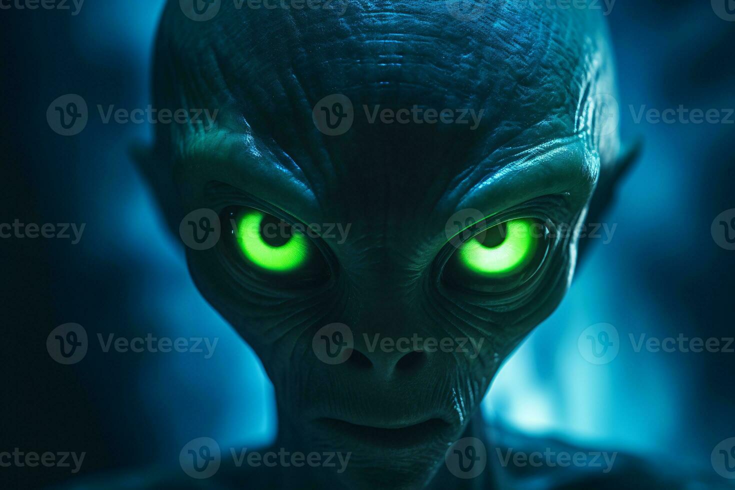 Detailed image of an alien creature brought to life in shades of bioluminescent blues and greens AI Generative photo