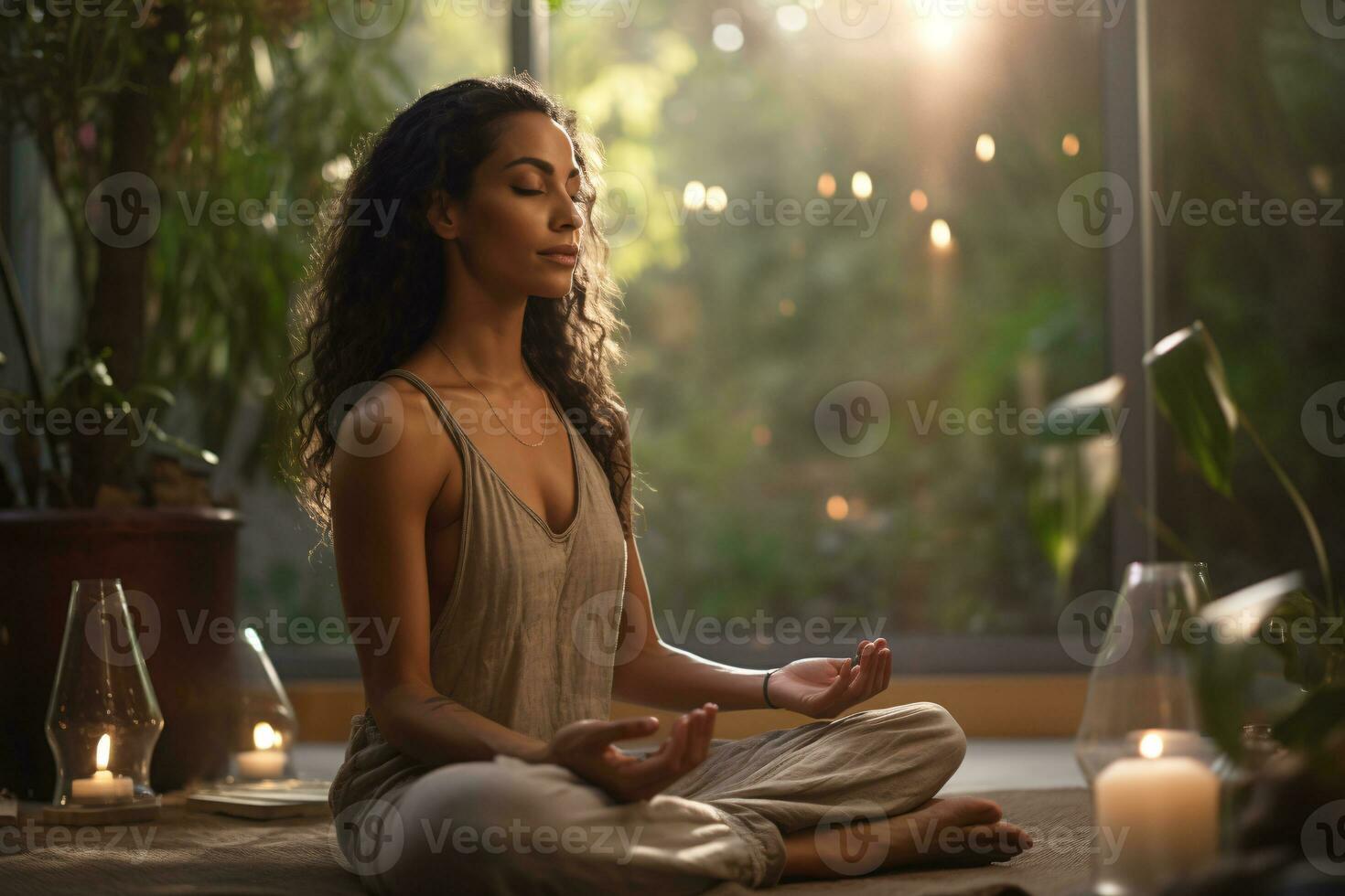 Serene Individual Embracing Mindfulness Surrounded by Lush Greenery and Symbols of Self-Care AI Generative photo