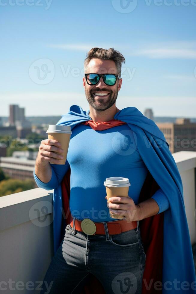 café, paisaje urbano, disfraz - el casual Mañana de un fuera de servicio héroe ai generativo foto