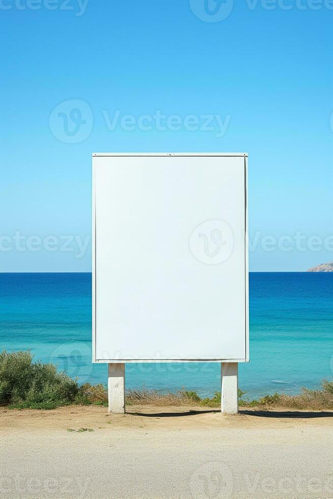 sorprendentes imagen de un blanco cartelera marco en un solitario playa, interminable publicidad posibilidades ai generativo foto