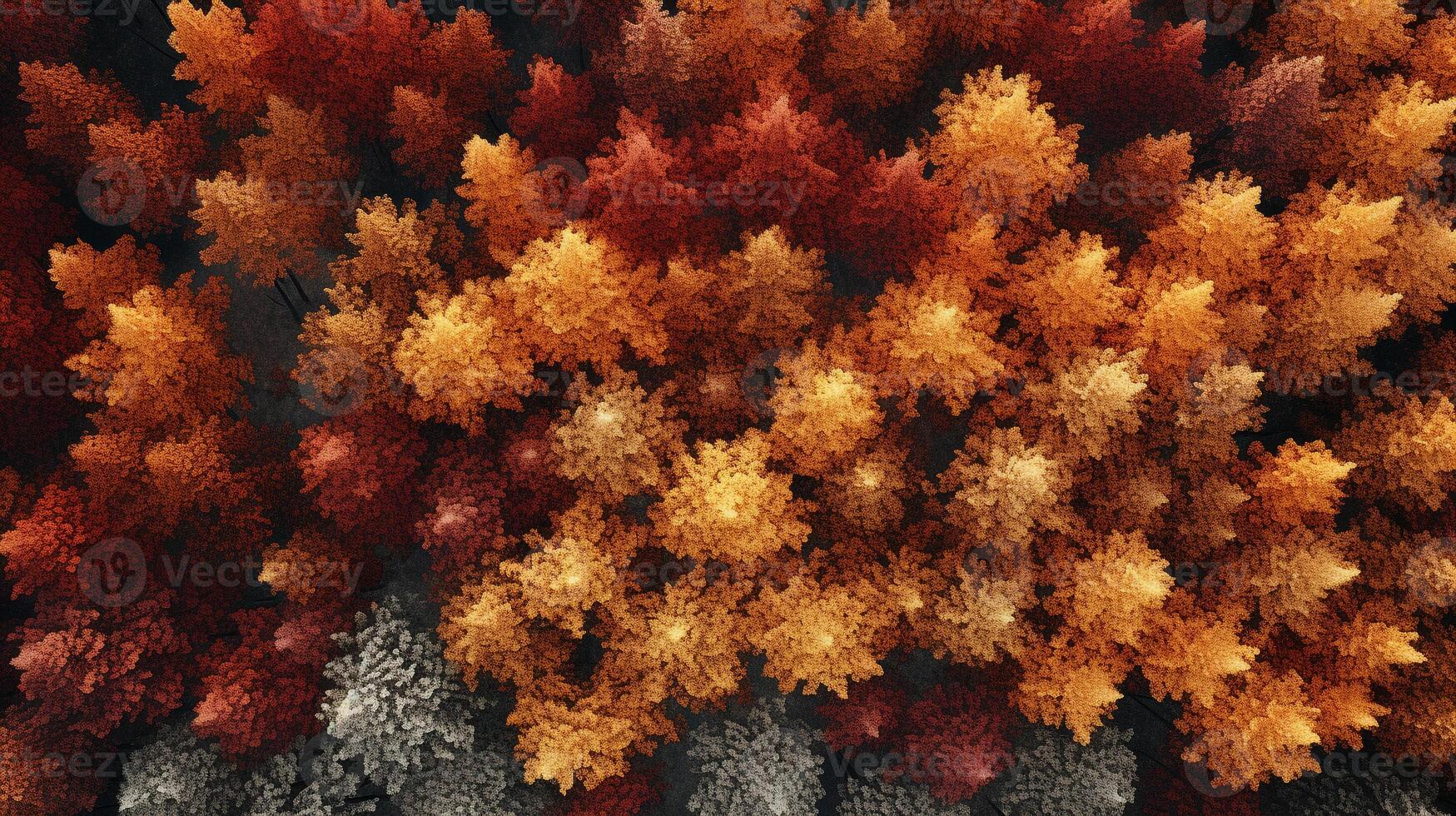 Aerial view of an enchanting autumn forest with vibrant hues of orange, red, and gold photo