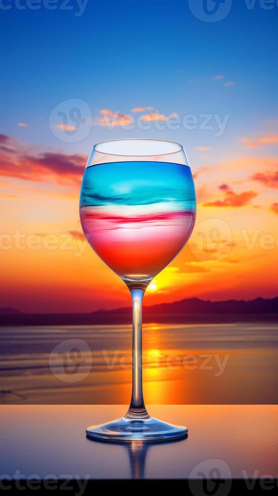 Breathtaking Sunset View with a Colorful Layered Cocktail Glass Offering Copy Space photo
