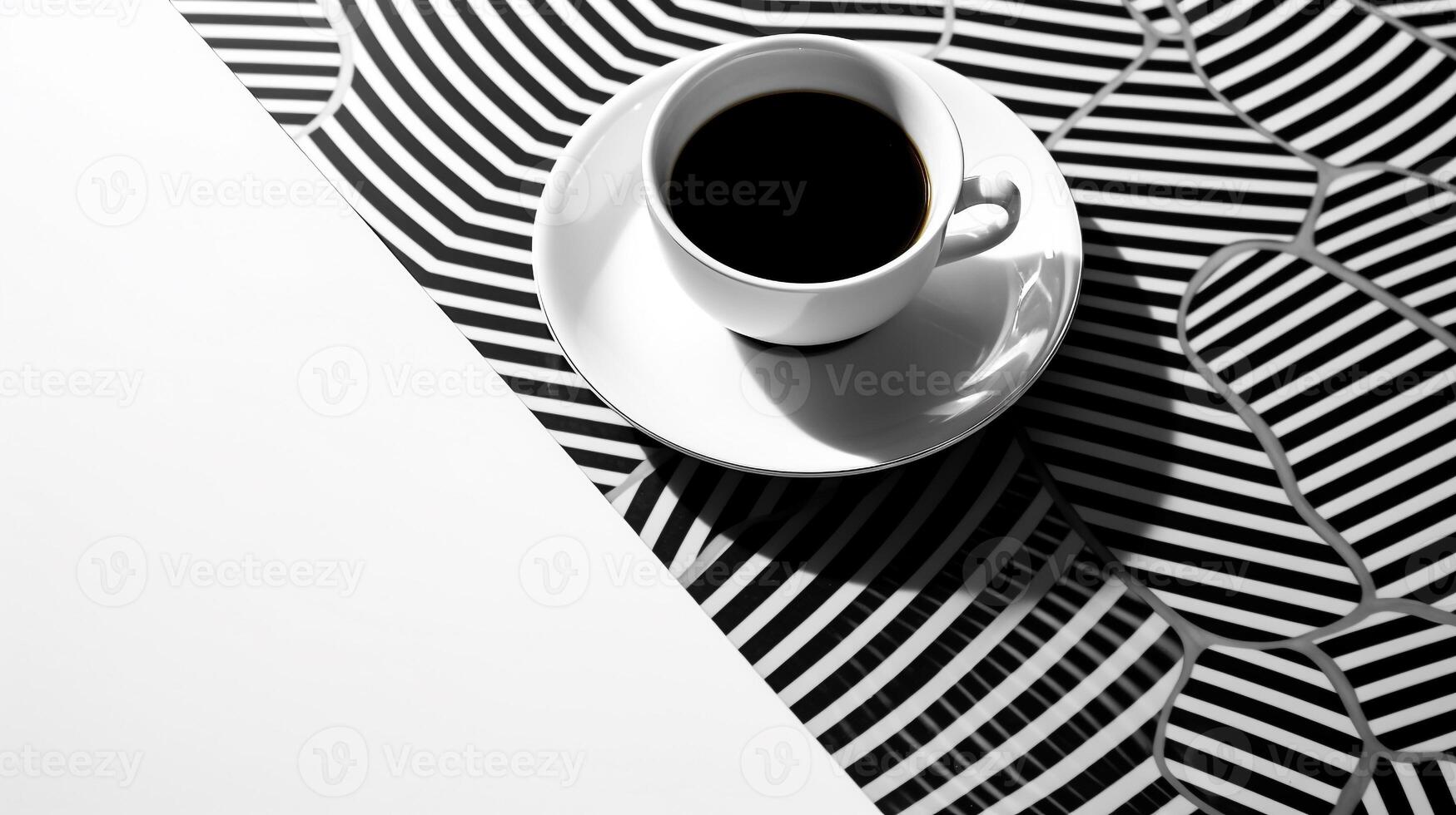 Aerial View of Steaming Coffee Cup on Geometrically Patterned Surface with Ample Copy Space photo