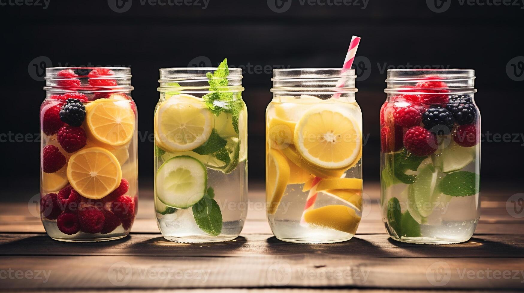 Trendy Assortment of Detox Fruit Water in Vibrant Mason Jars on a Rustic Wooden Tabletop AI Generative photo