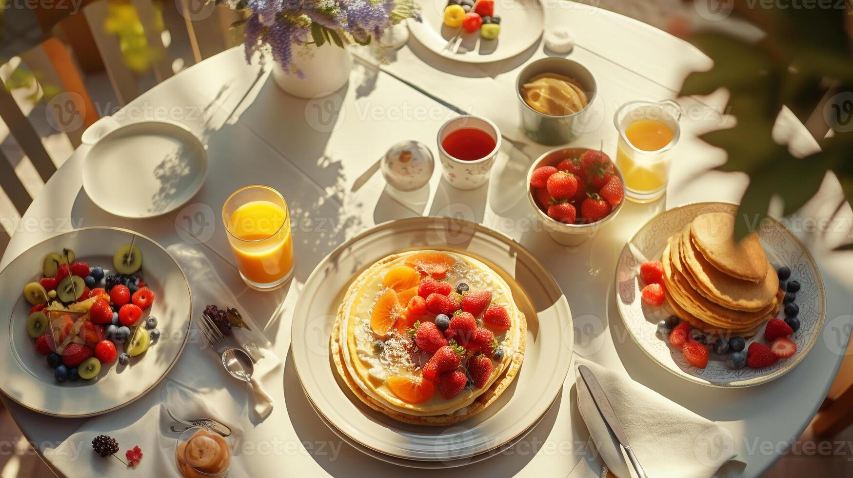 Overhead view of communal breakfast scene, highlighting shared meals in morning sunlight AI Generative photo