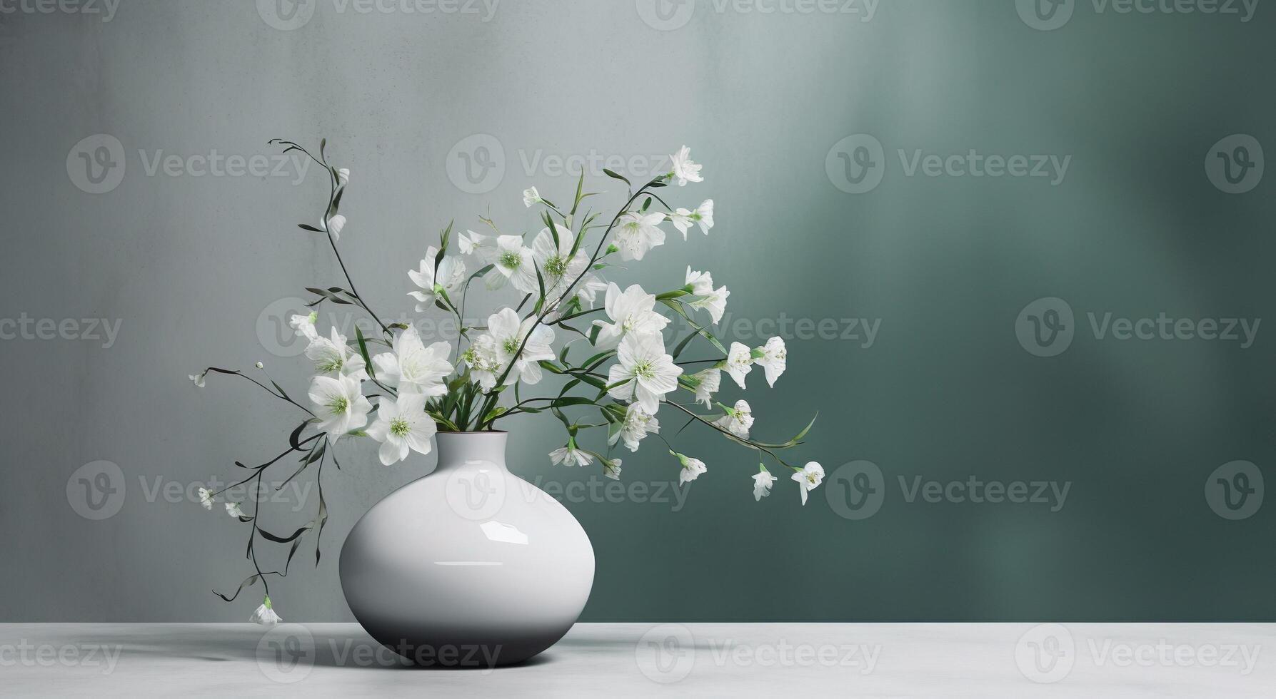 White ceramic vase with blooming flowers branches in sunlight from window on emerald gray wall, shadow on white floor for decoration, luxury cosmetic, skincare beauty product background, photo
