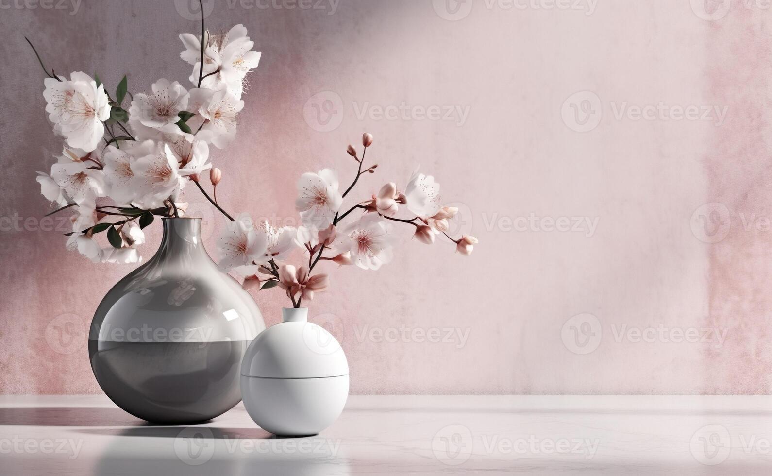 2 ceramic vases with blooming cherry flowers branches in sunlight from window on pastel pink and gray wall for decoration, luxury cosmetic, skincare, beauty product background display, photo