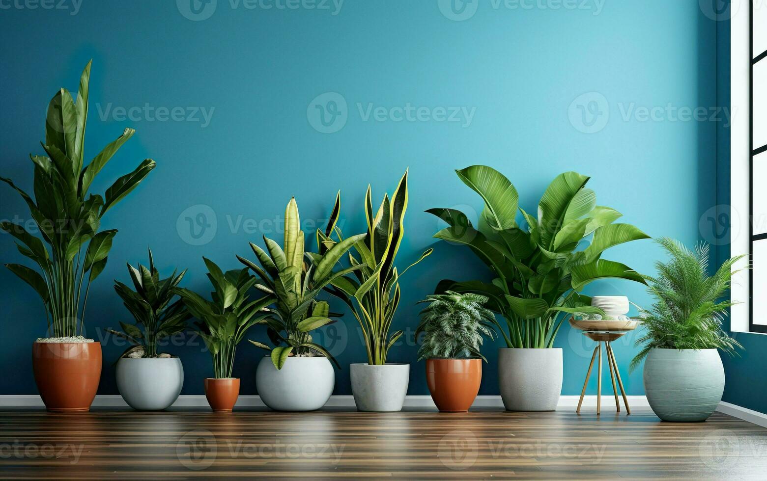 The indoor potted plants decoration in modern room with a wooden floor and blue wall. AI Generative photo