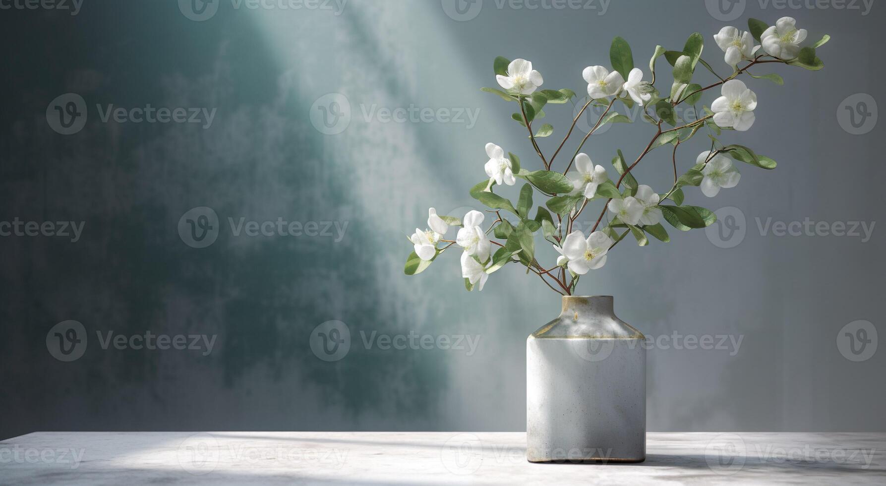 White ceramic vase with blooming flowers branches in sunlight from window on pastel emerald gray wall, shadow on white floor for decoration, luxury cosmetic, skincare, beauty product, photo
