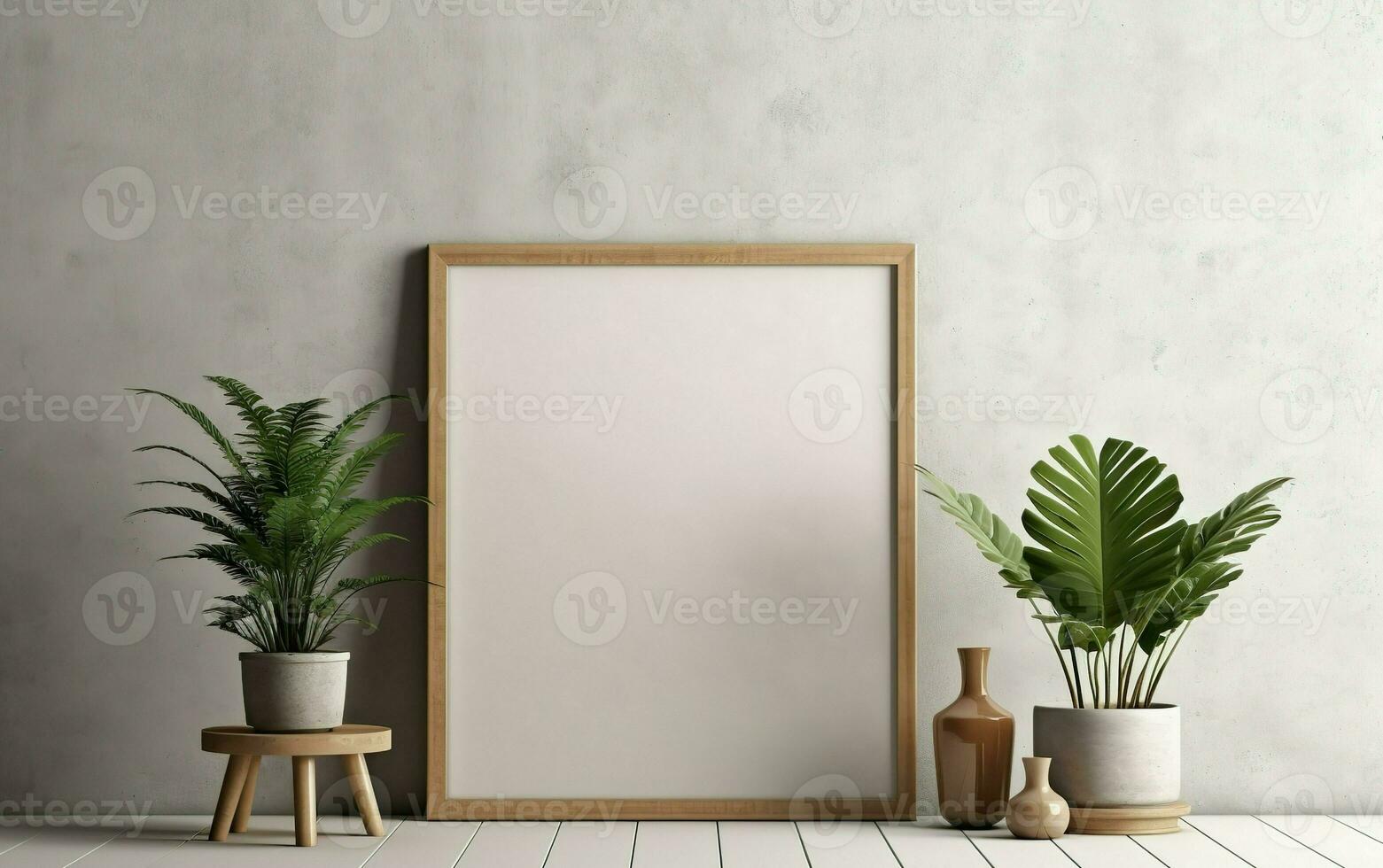 Wooden frame mockup watm tone grey wall with flowers in vase, blank vertical frame with copy space. Contemporary interior mockup. AI Generative photo